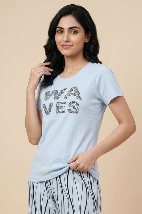 Zivame Wavy Stripes Knit Cotton Pyjama Set - Ice Water — image 3